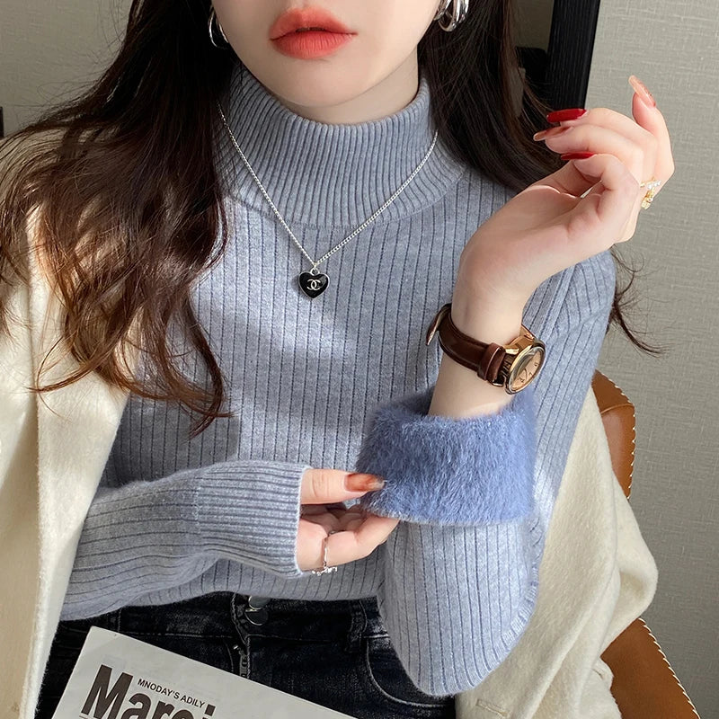 Women's Turtleneck Sweater Winter 2025 Retro Red with Velvet