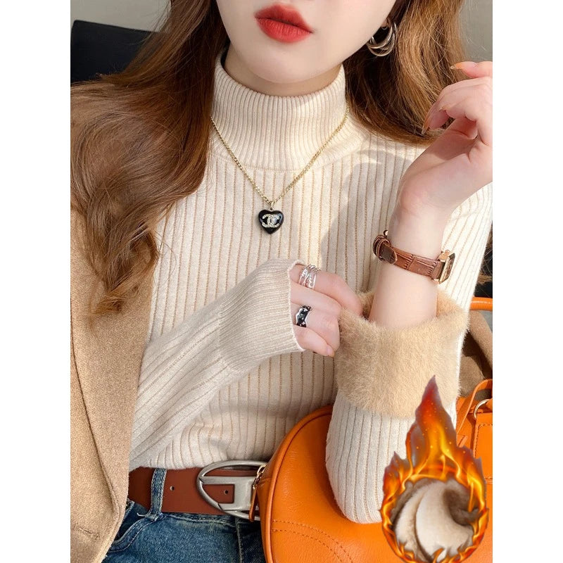 Women's Turtleneck Sweater Winter 2025 Retro Red with Velvet