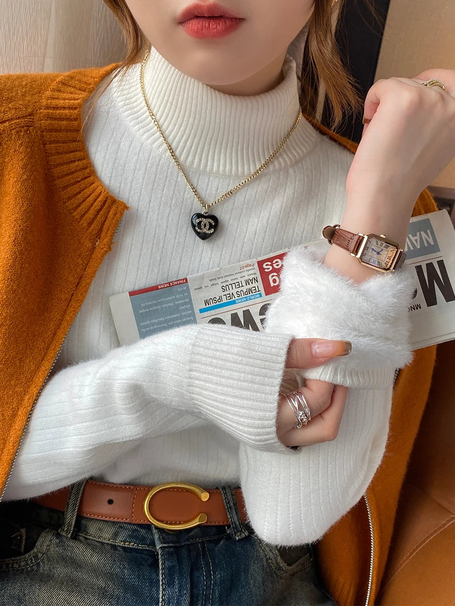 Women's Turtleneck Sweater Winter 2025 Retro Red with Velvet