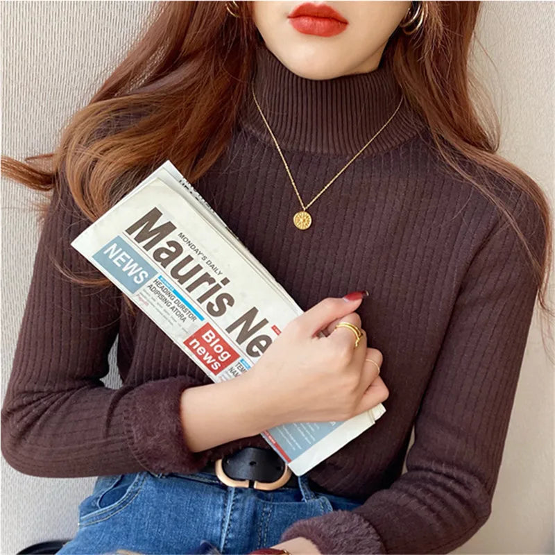 Women's Turtleneck Sweater Winter 2025 Retro Red with Velvet